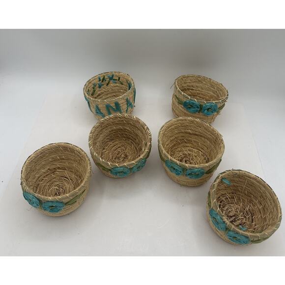 Vintage Hand Made Rattan Woven Basket Cups Set Of 6 - Picture 1 of 4